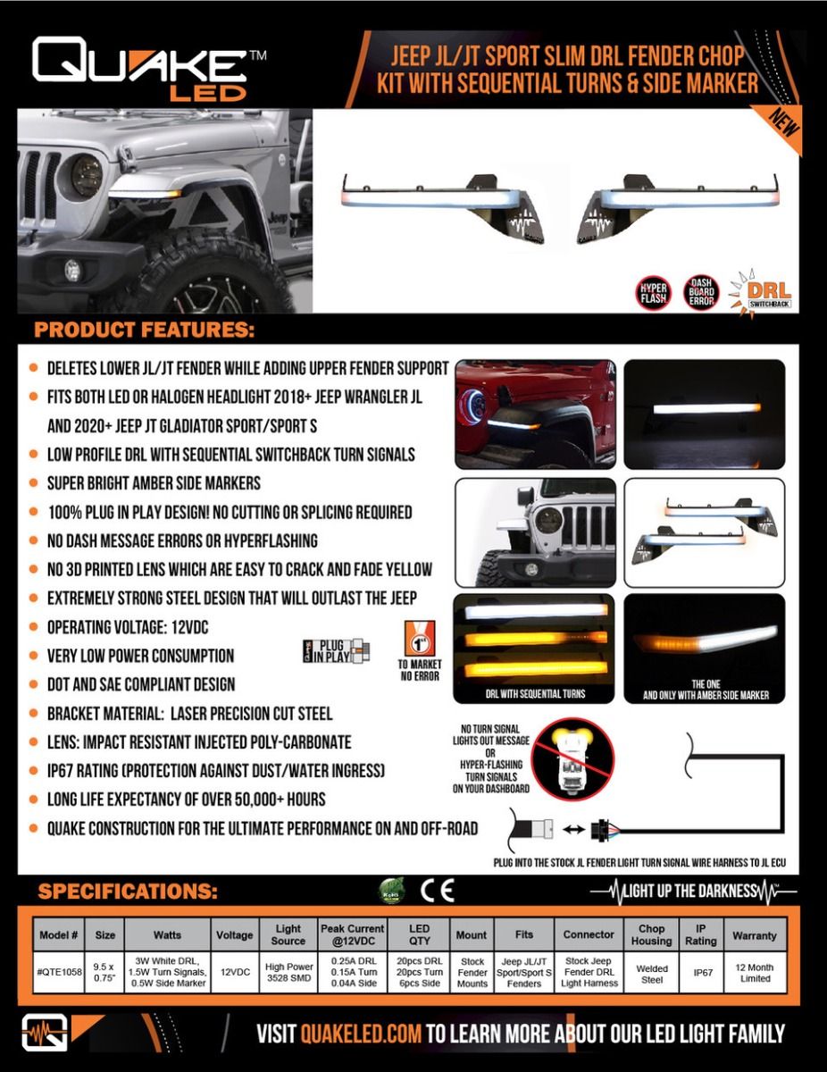 Jeep JL/JT Sport Slim DRL Fender Chop Kit w/Sequential Turns & Side Markers